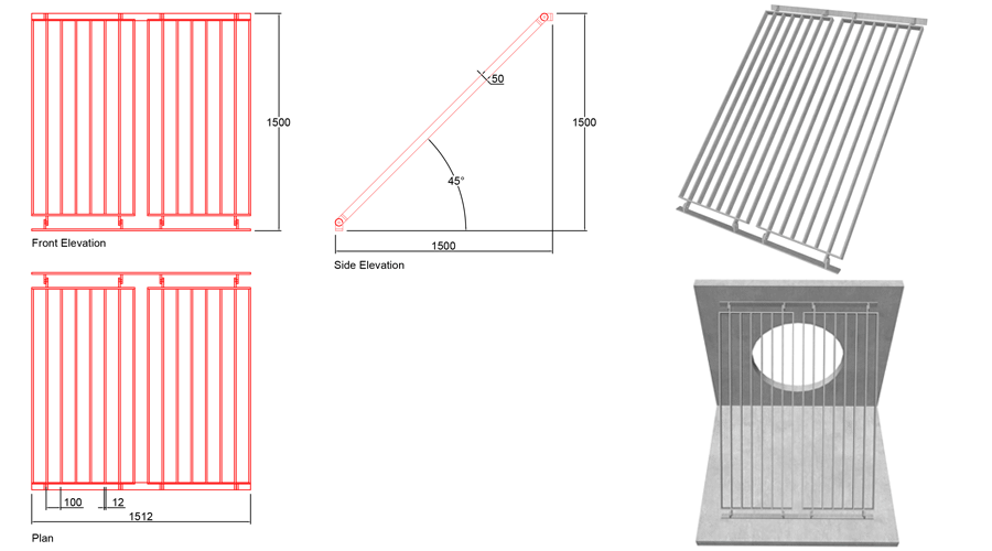 1000mm Sloped Trash Screen 45 Degrees line drawing
