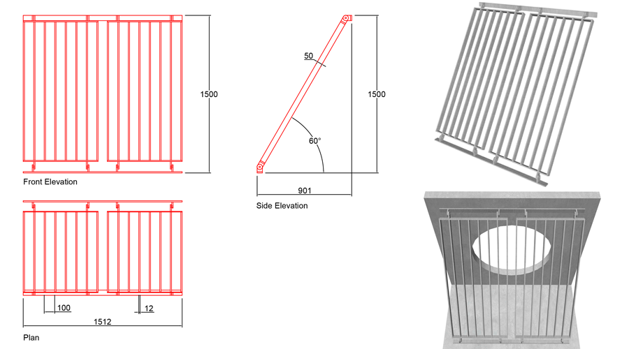 1000mm Sloped Trash Screen 60 Degrees line drawing