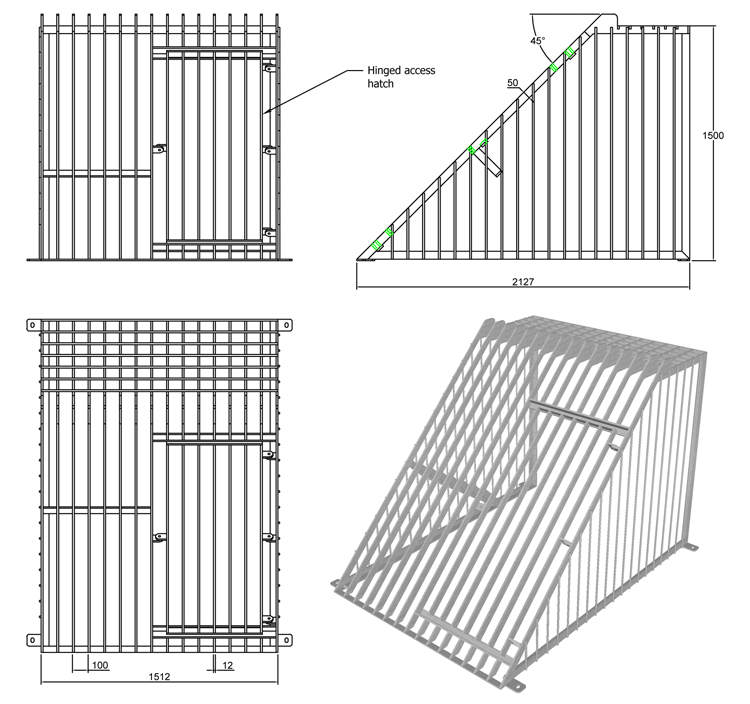 1000mm Cage Trash Screen with Catwalk line drawing