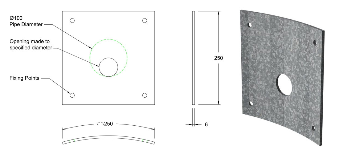 100mm Galvanised Steel Curved Orifice Plate line drawing