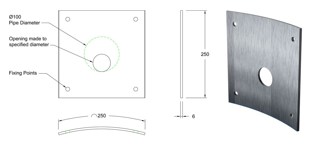 100mm Stainless Steel 316 Curved Orifice Plate line drawing