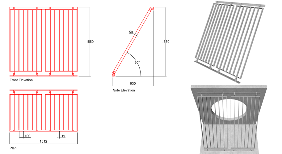 1050mm Sloped Trash Screen 60 Degrees line drawing
