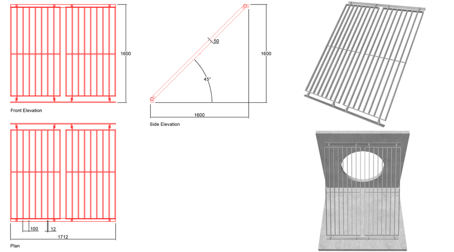 1100mm Sloped Trash Screen 45 Degrees line drawing