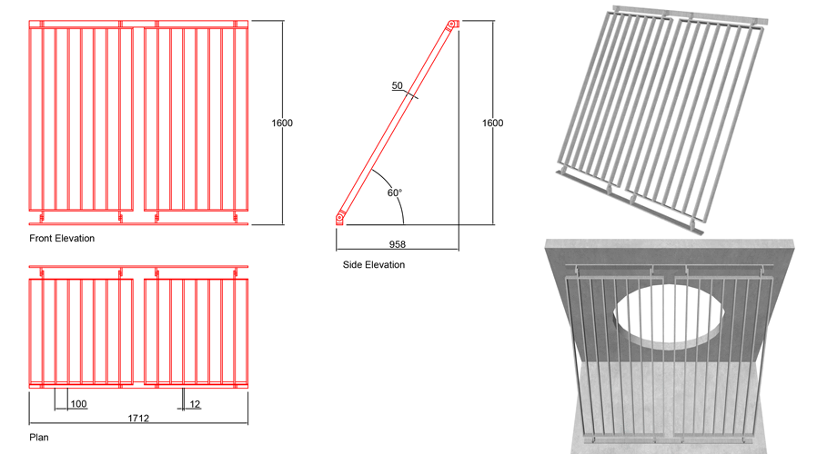 1100mm Sloped Trash Screen 60 Degrees line drawing