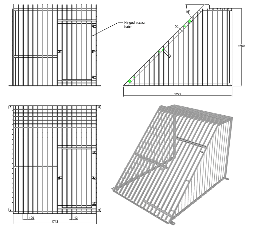 1100mm Cage Trash Screen with Catwalk line drawing