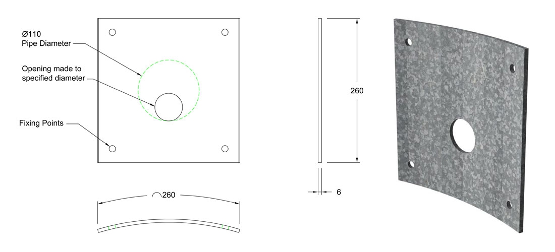 110mm Galvanised Steel Curved Orifice Plate line drawing