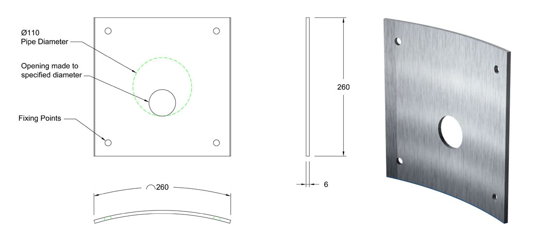 110mm Stainless Steel 316 Curved Orifice Plate line drawing