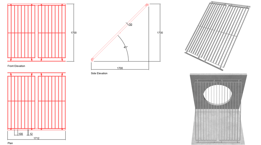 1200mm Sloped Trash Screen 45 Degrees line drawing