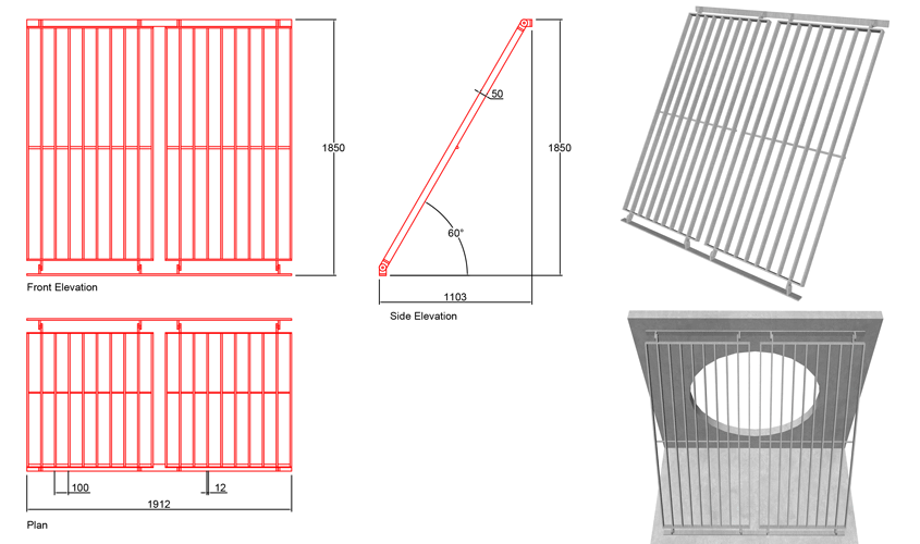 1350mm Sloped Trash Screen 60 Degrees line drawing