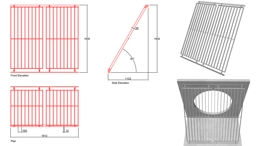 1400mm Sloped Trash Screen 60 Degrees line drawing