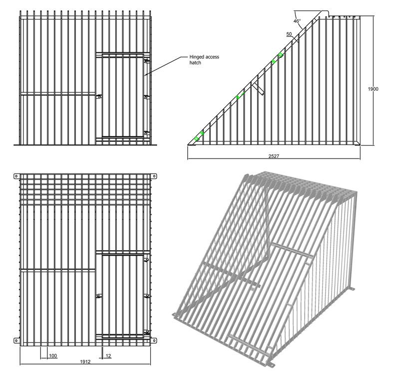 1400mm Cage Trash Screen with Catwalk line drawing