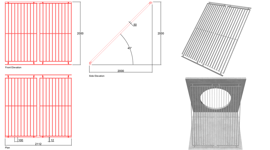 1500mm Sloped Trash Screen 45 Degrees line drawing