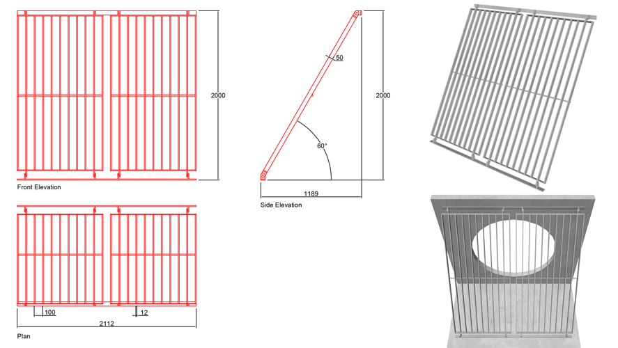 1500mm Sloped Trash Screen 60 Degrees line drawing