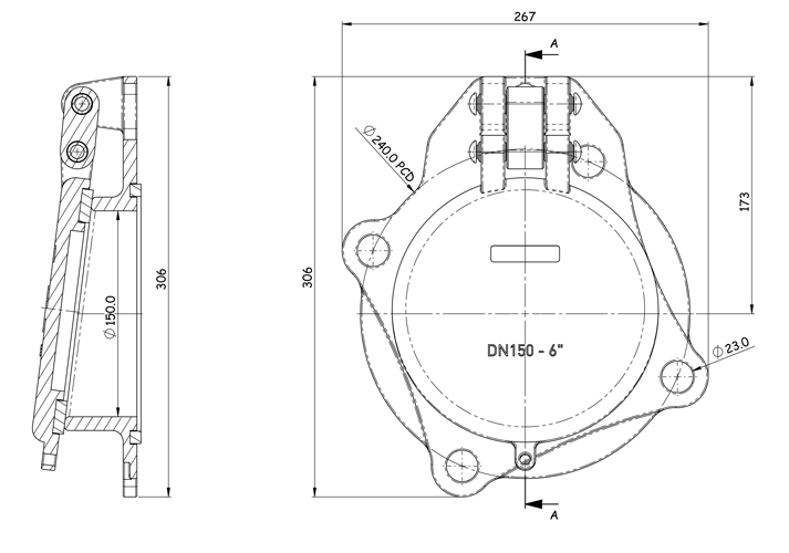 Althon 150mm Ductile Iron Flap Valve line drawing