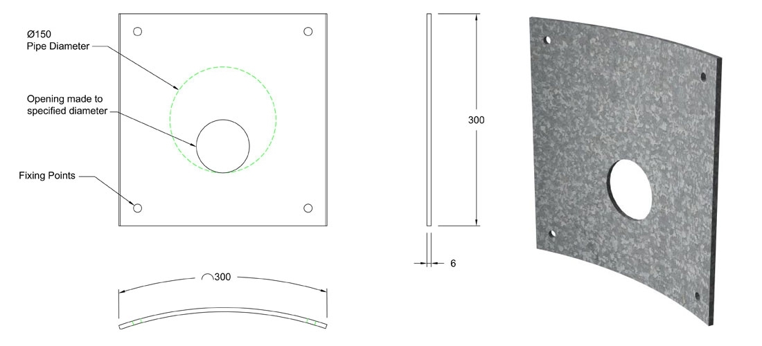 150mm Galvanised Steel Curved Orifice Plate line drawing