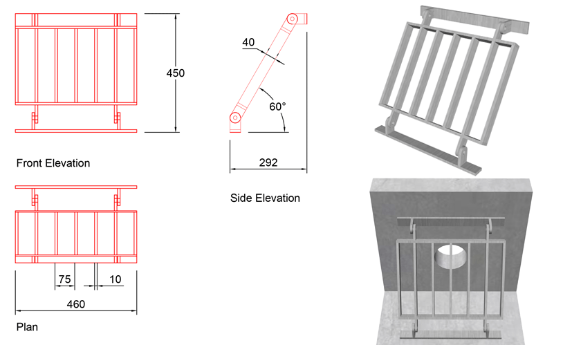 150mm Sloped Trash Screen 60 Degrees line drawing
