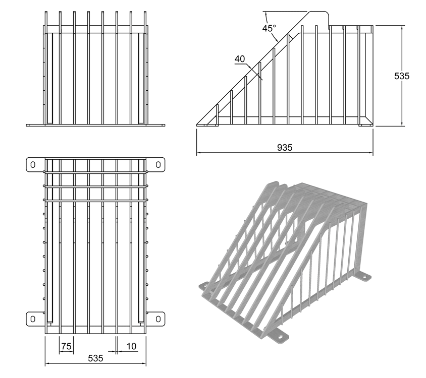 225mm Cage Trash Screen with Catwalk line drawing