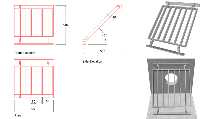 250mm Sloped Trash Screen 45 Degrees line drawing