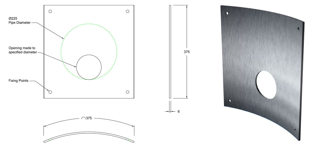 225mm Stainless Steel 316 Curved Orifice Plate line drawing
