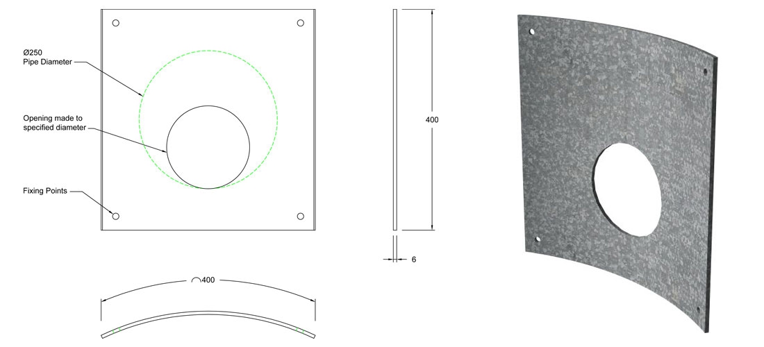 250mm Galvanised Steel Curved Orifice Plate line drawing
