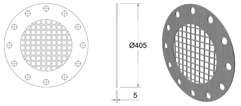 250mm SS316 Vermin Mesh Grille PN16 Flange line drawing