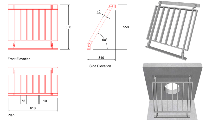 250mm Sloped Trash Screen 60 Degrees line drawing