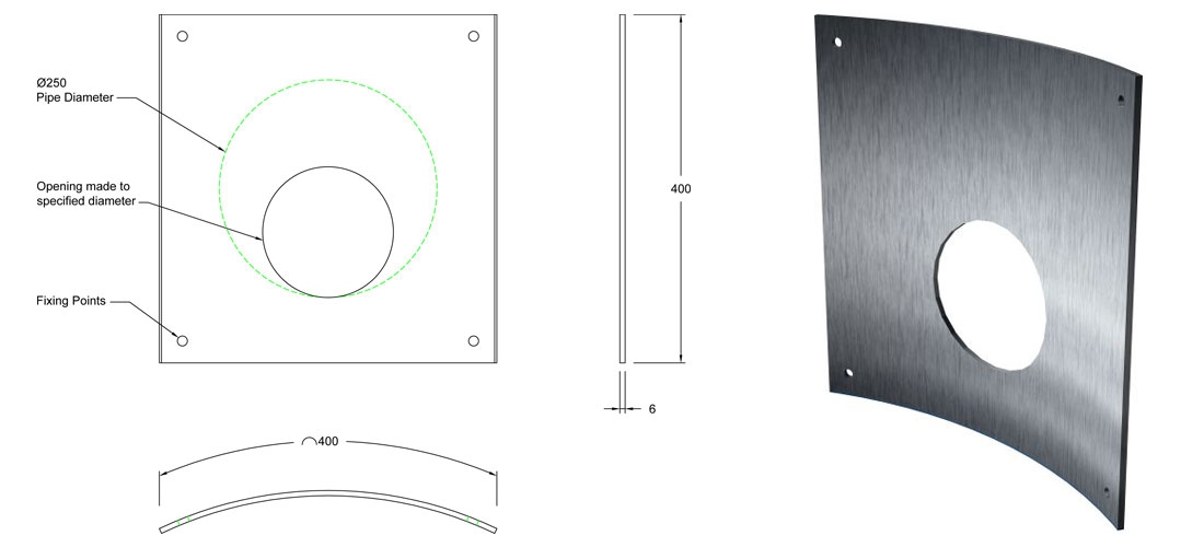 250mm Stainless Steel 304 Curved Orifice Plate line drawing