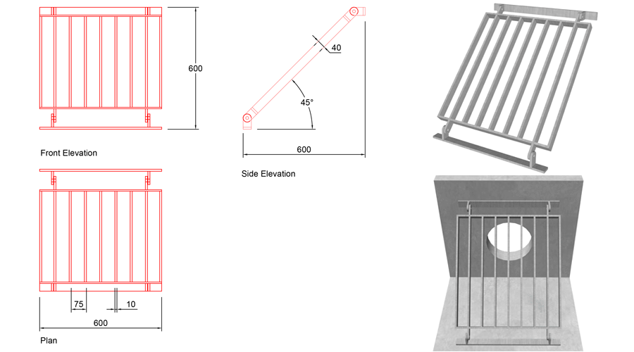 300mm Sloped Trash Screen 45 Degrees line drawing