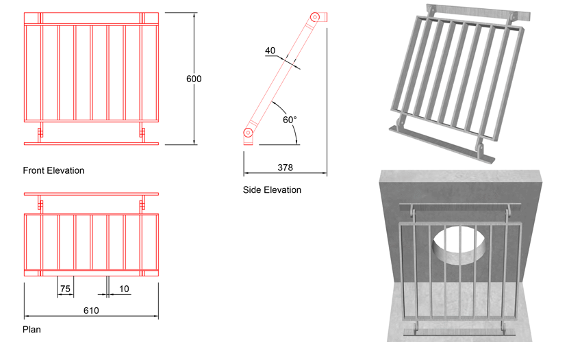300mm Sloped Trash Screen 60 Degrees line drawing