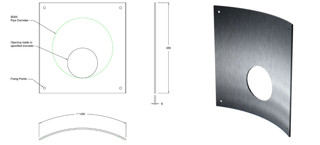 300mm Stainless Steel 304 Curved Orifice Plate line drawing