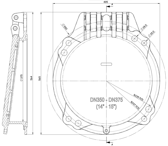 Althon 375mm Ductile Iron Flap Valve line drawing