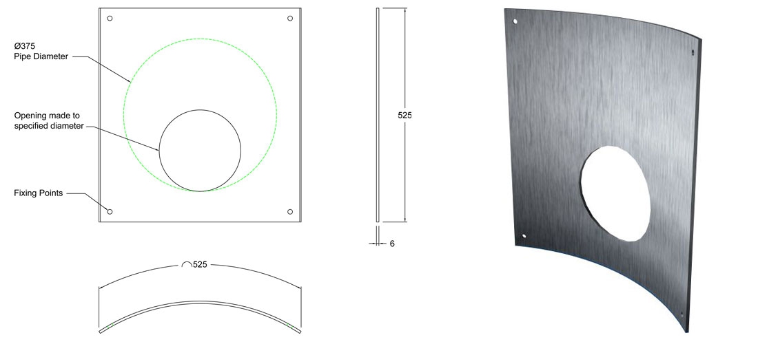 375mm Stainless Steel 316 Curved Orifice Plate line drawing