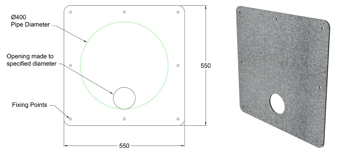 400mm Galvanised Steel Flat Orifice Plate line drawing