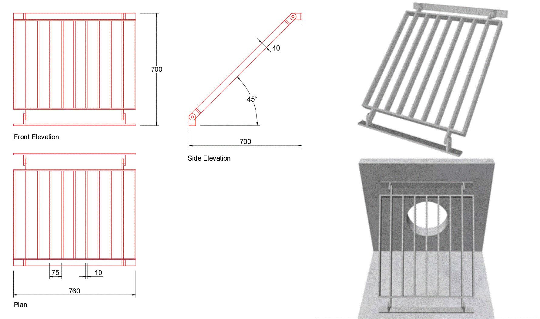 400mm Sloped Trash Screen 45 Degrees line drawing
