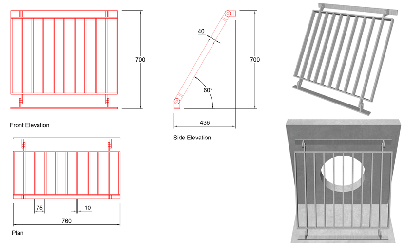 400mm Sloped Trash Screen 60 Degrees line drawing