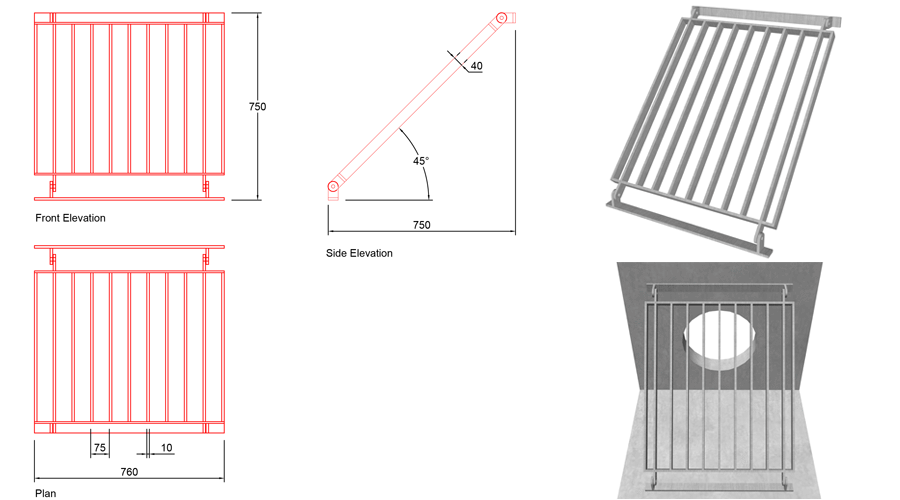 450mm Sloped Trash Screen 45 Degrees line drawing