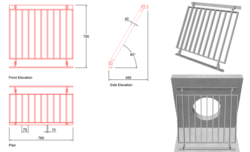 450mm Sloped Trash Screen 60 Degrees line drawing