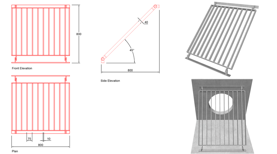 500mm Sloped Trash Screen 45 Degrees line drawing