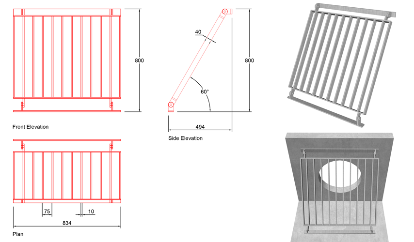 500mm Sloped Trash Screen 60 Degrees line drawing