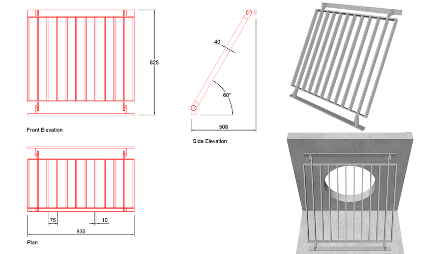525mm Sloped Trash Screen 60 Degrees line drawing