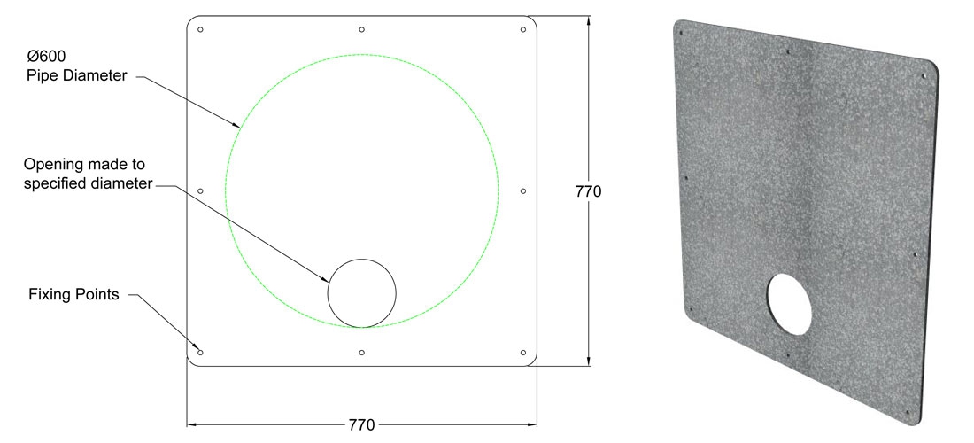 600mm Galvanised Steel Flat Orifice Plate line drawing