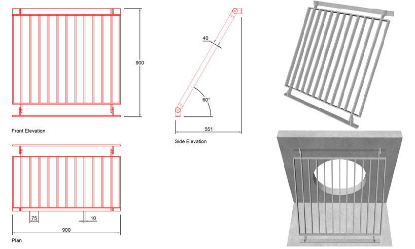 600mm Sloped Trash Screen 60 Degrees line drawing