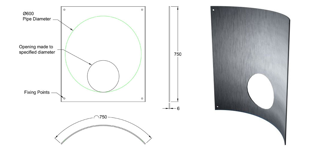 600mm Stainless Steel 316 Curved Orifice Plate line drawing