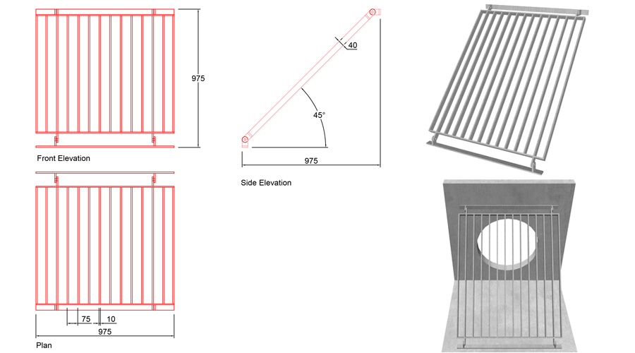 675mm Sloped Trash Screen 45 Degrees line drawing