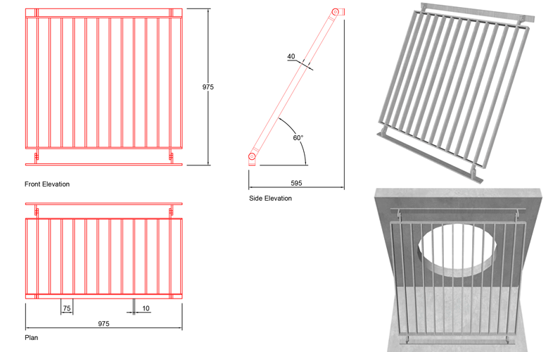 675mm Sloped Trash Screen 60 Degrees line drawing