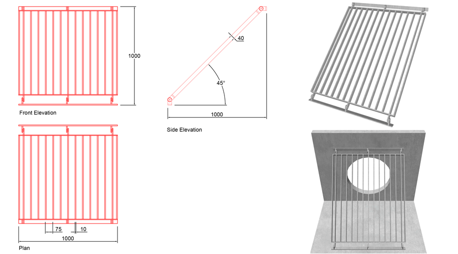 700mm Sloped Trash Screen 45 Degrees line drawing