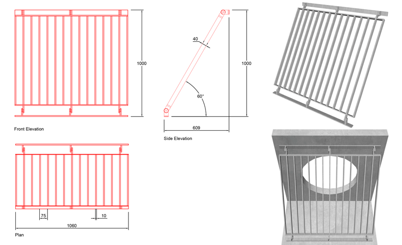 700mm Sloped Trash Screen 60 Degrees line drawing