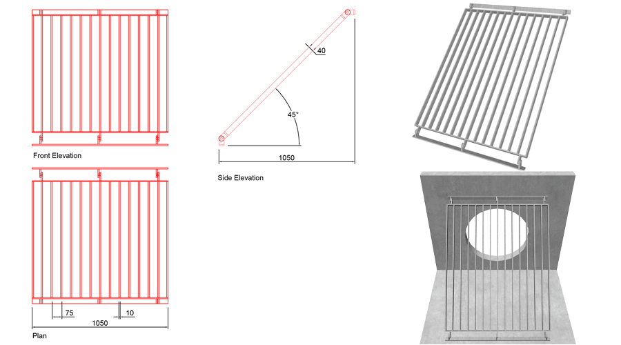 750mm Sloped Trash Screen 45 Degrees line drawing