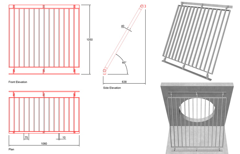 750mm Sloped Trash Screen 60 Degrees line drawing