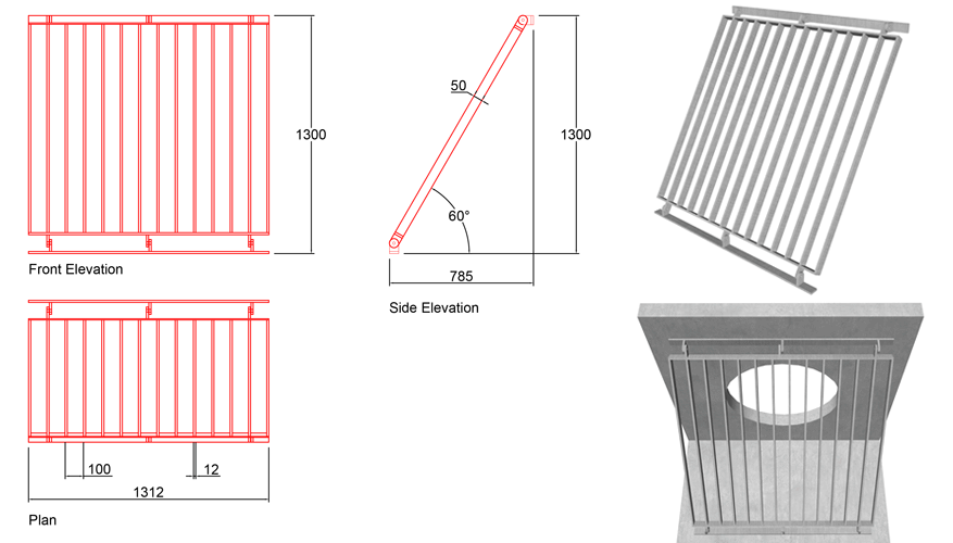 800mm Sloped Trash Screen 60 Degrees line drawing